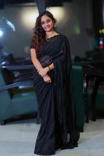 Black Pure Georgette Handmade Work Saree with Unstitched Blouse