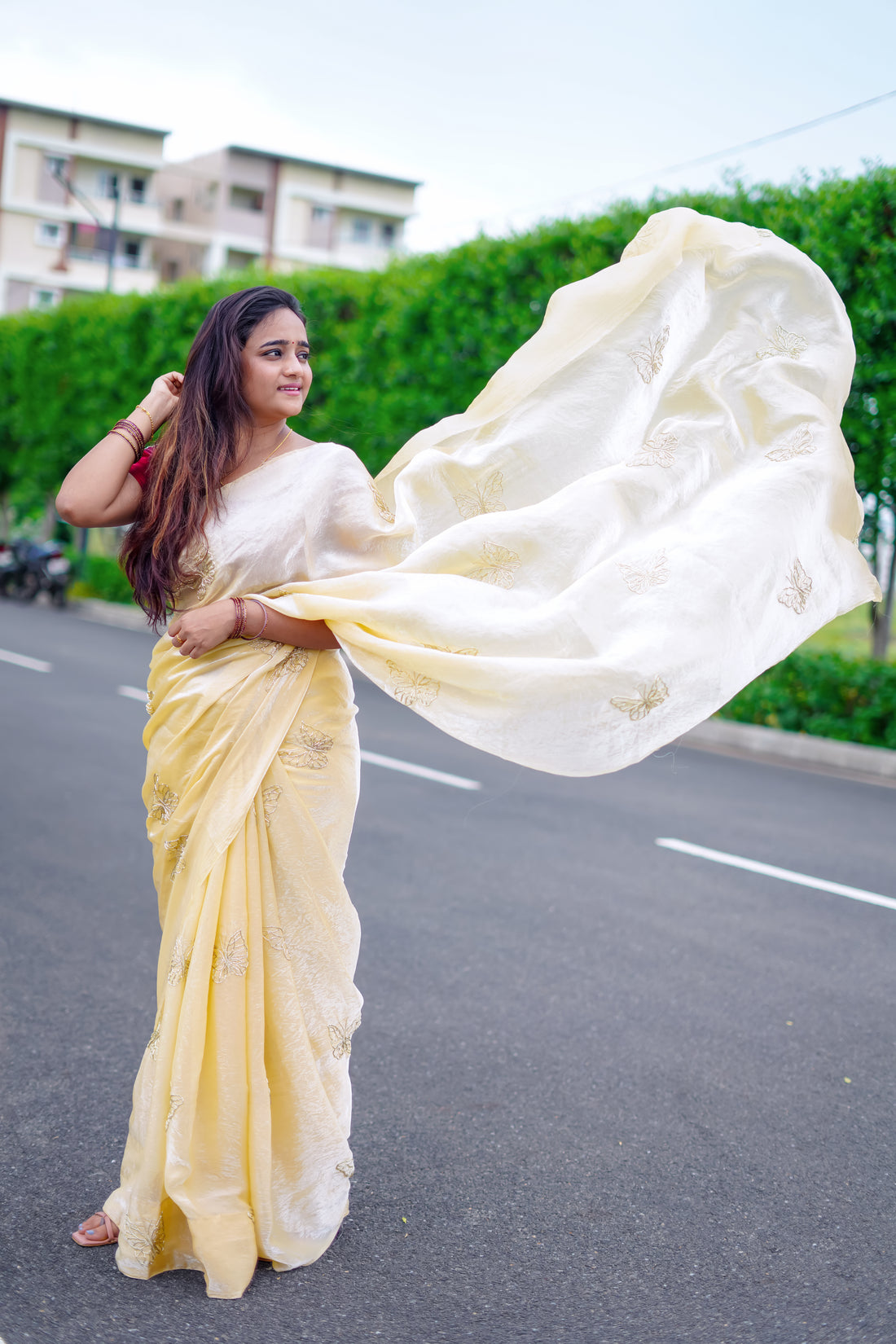 Premium Beautiful butterfly Two tone heavy space silk fabric with beautiful leaf with hand work beads