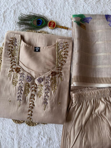 Premium Mul Chanderi Handwork Suit Set with Heavy Chanderi Linen Jacquard Dupatta