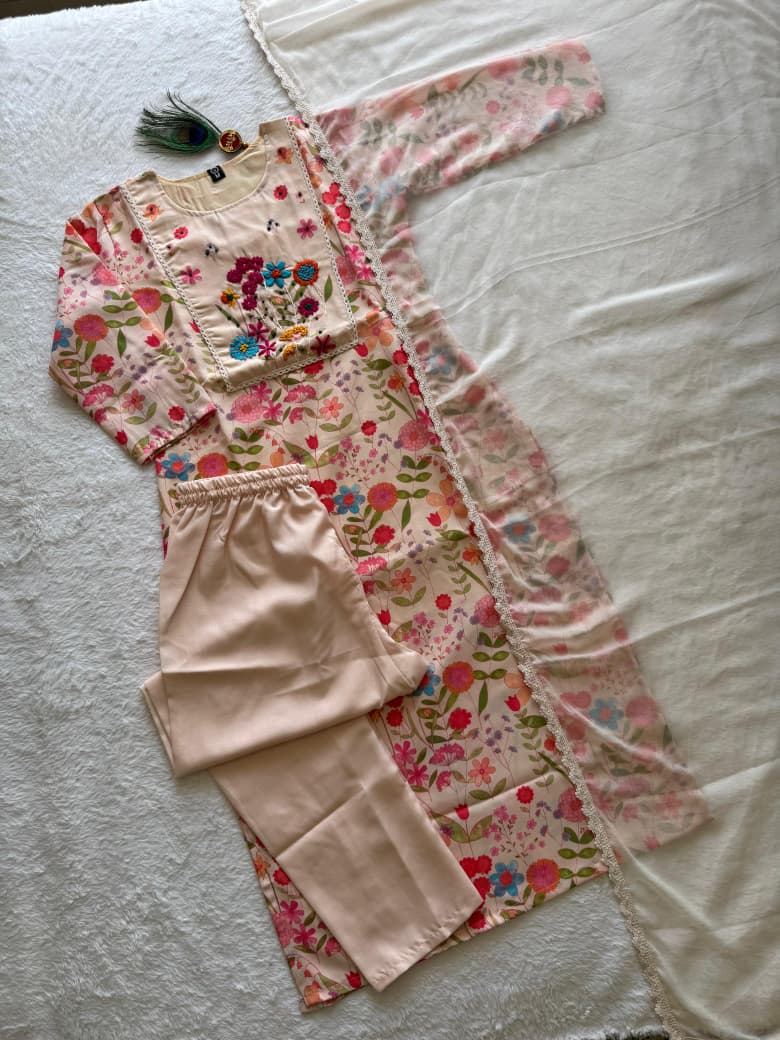 Premium Pure Linen Cotton Digital Print Suit Set with Hand Thread Work & Nazmin Dupatta