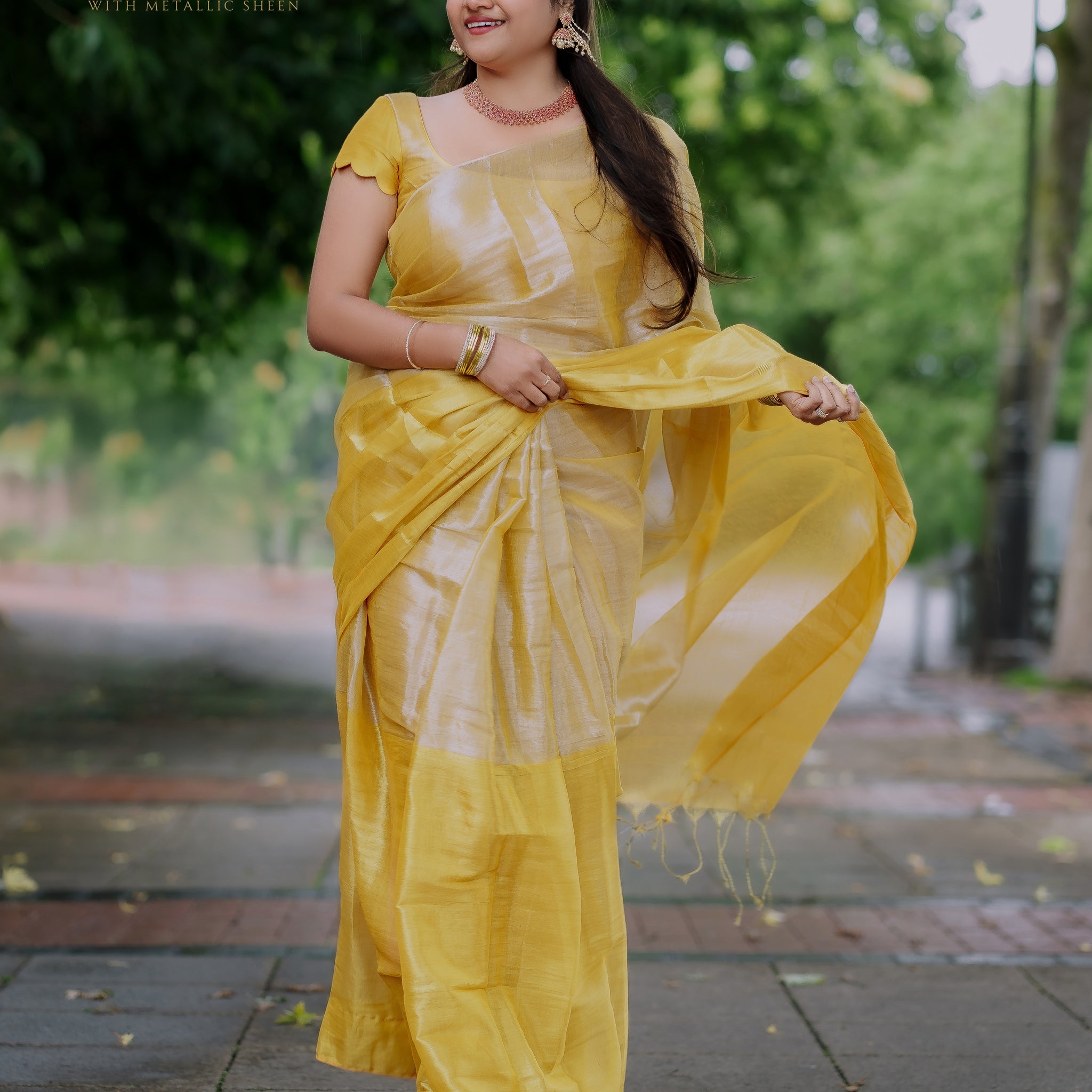 Dark Gold Tissue Saree with Metallic Sheen