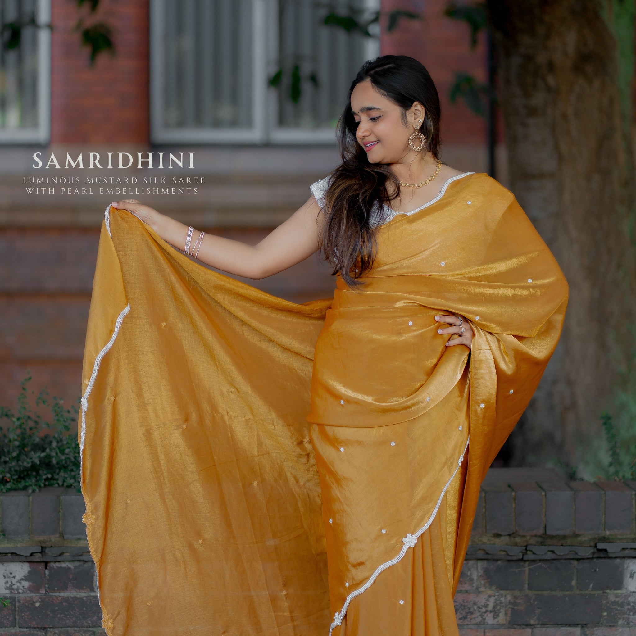 Marigold Elegance Saree with Pearl Embellishments (STITCHED BLOUSE)