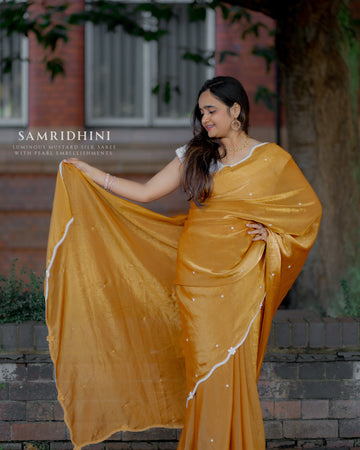 Marigold Elegance Saree with Pearl Embellishments (STITCHED BLOUSE)