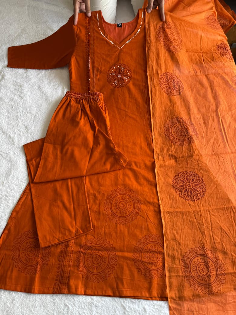 Cotton Hand Block Print Suit Set with Real Mirror Hand Work & Mul Cotton Dupatta