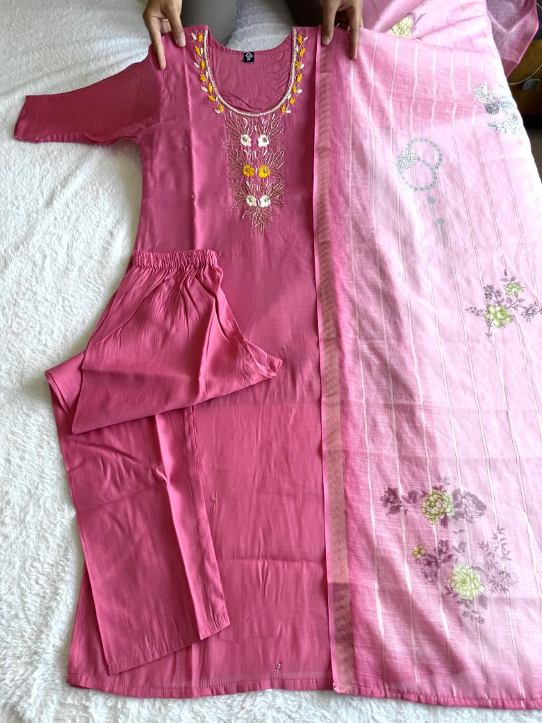 Premium Mul Chanderi Handwork Suit Set with Chanderi Linen Jacquard Dupatta