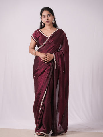 Regal Maroon Pearl-Embellished Saree
