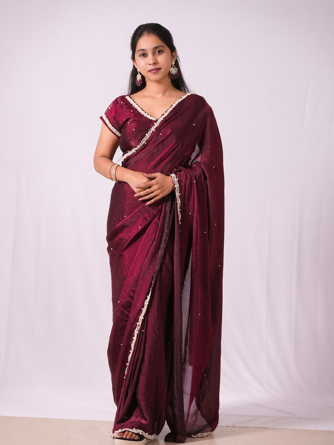 Maroon Pearl-Embellished Saree