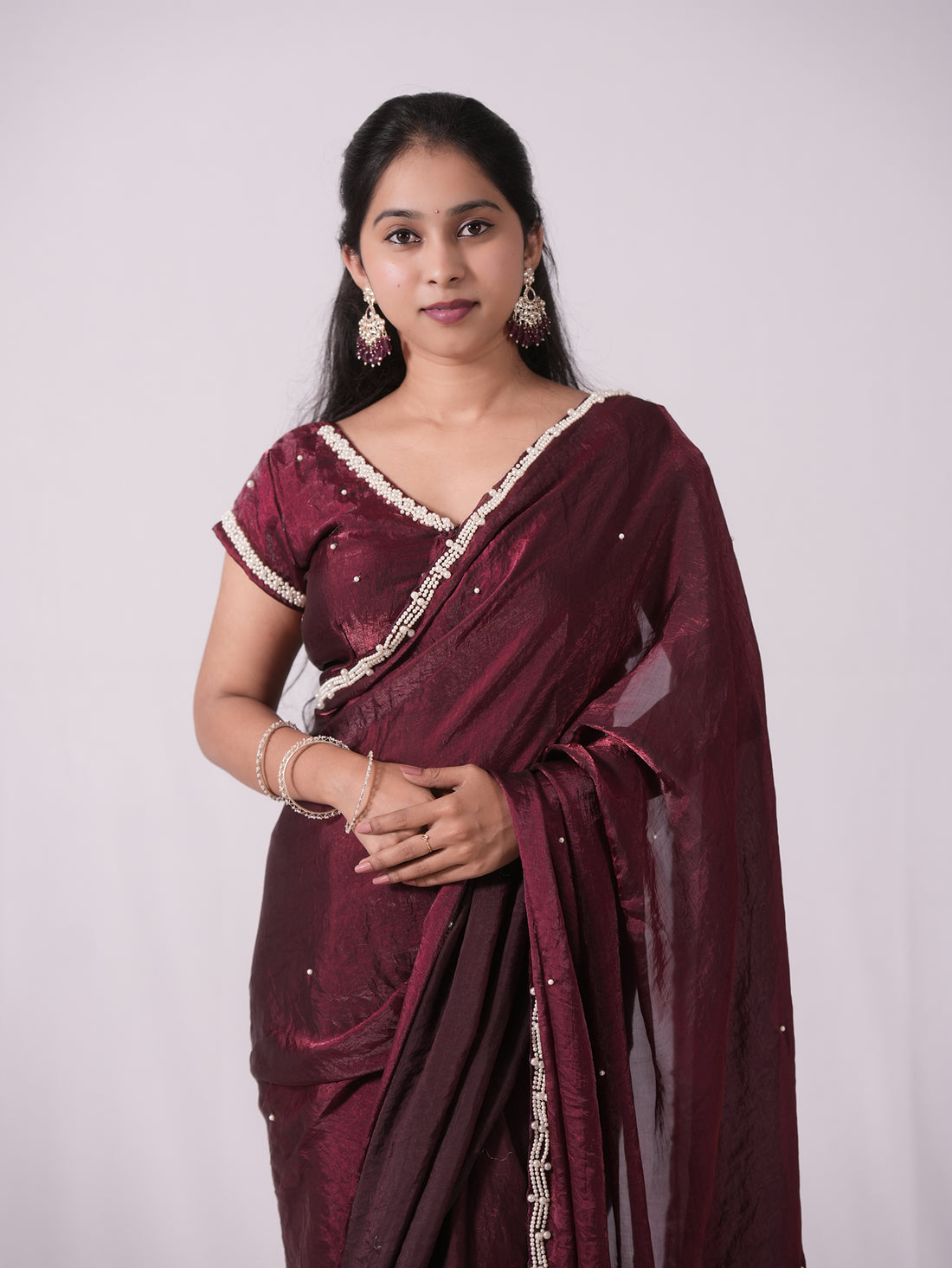 Regal Maroon Pearl-Embellished Saree