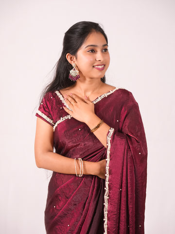 Maroon Pearl-Embellished Saree