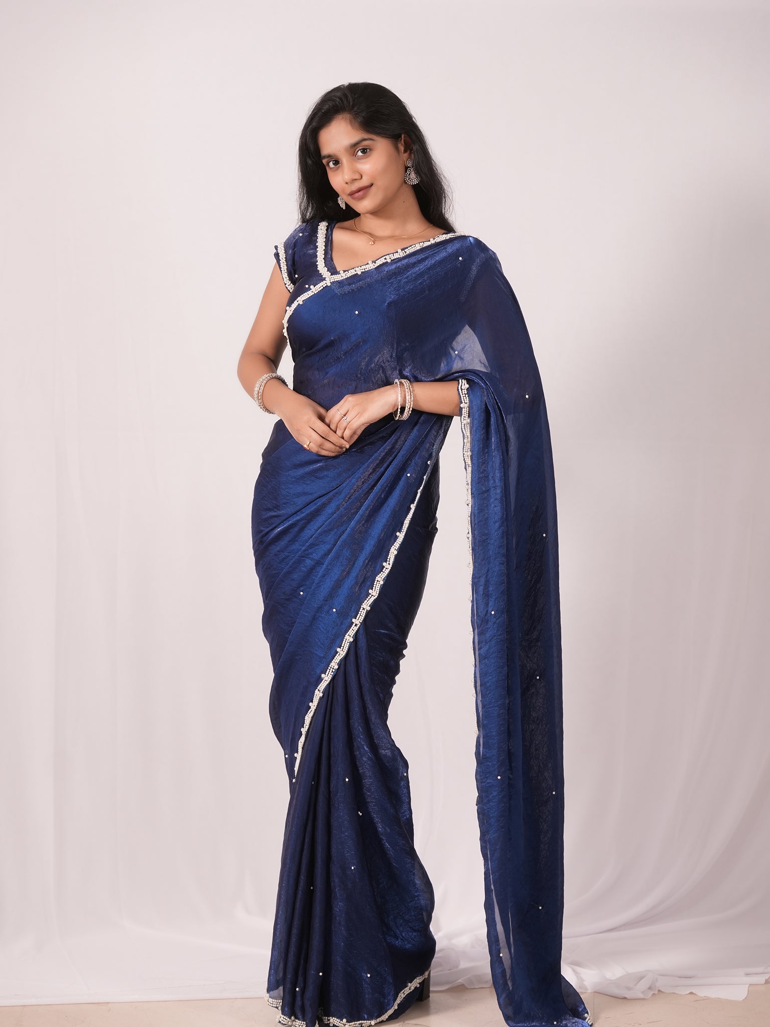 Navy Blue Pearl-Embellished Saree