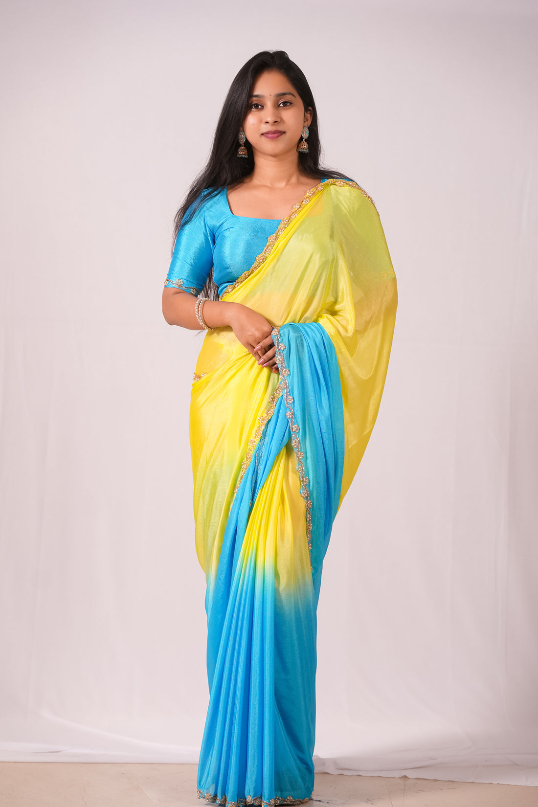Yellow/Blue Jaipuri Chiffon Saree