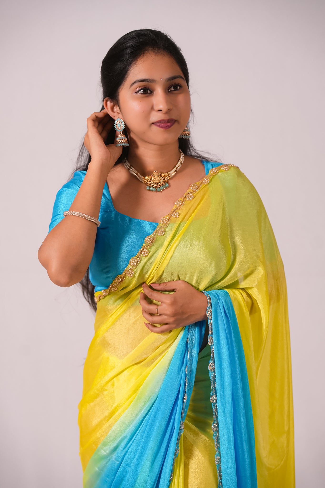 Yellow/Blue Jaipuri Chiffon Saree