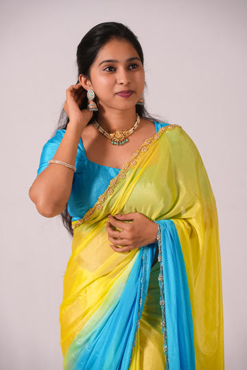 Yellow/Blue Jaipuri Chiffon Saree
