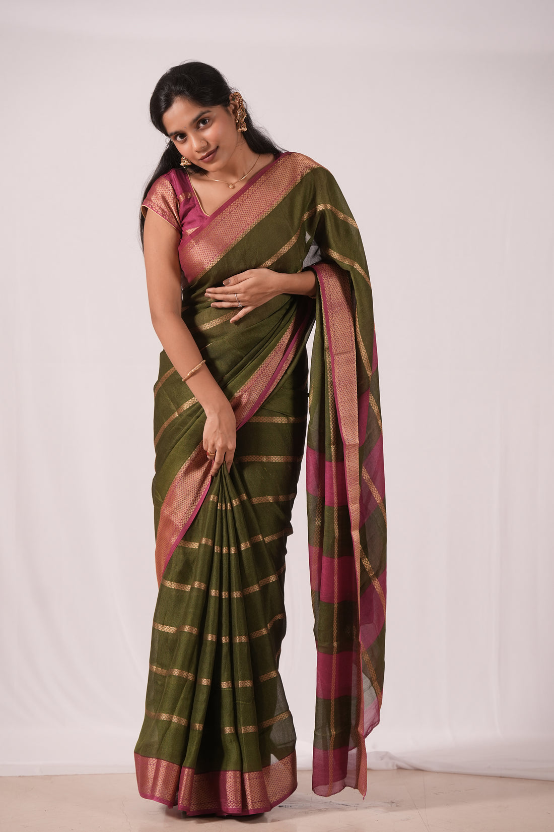 Olive Green & Magenta Kora Silk Saree with Golden Zari Stripes