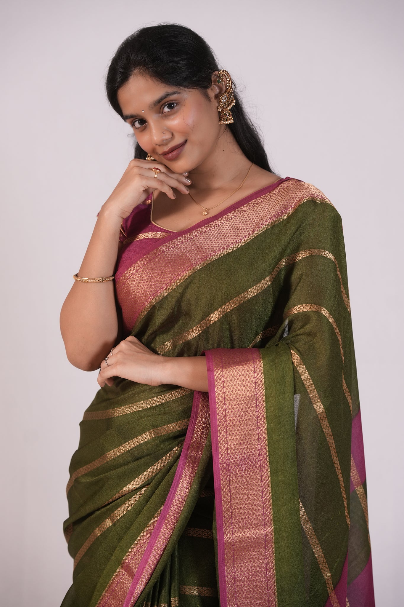Olive Green & Magenta Kora Silk Saree with Golden Zari Stripes