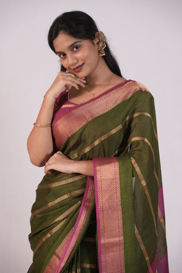 Olive Green & Magenta Kora Silk Saree with Golden Zari Stripes