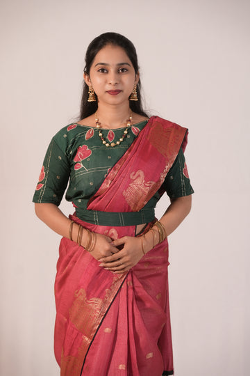 Regal Rani Pink Banarasi Saree with Green Blouse (STITCHED BlOUSE)