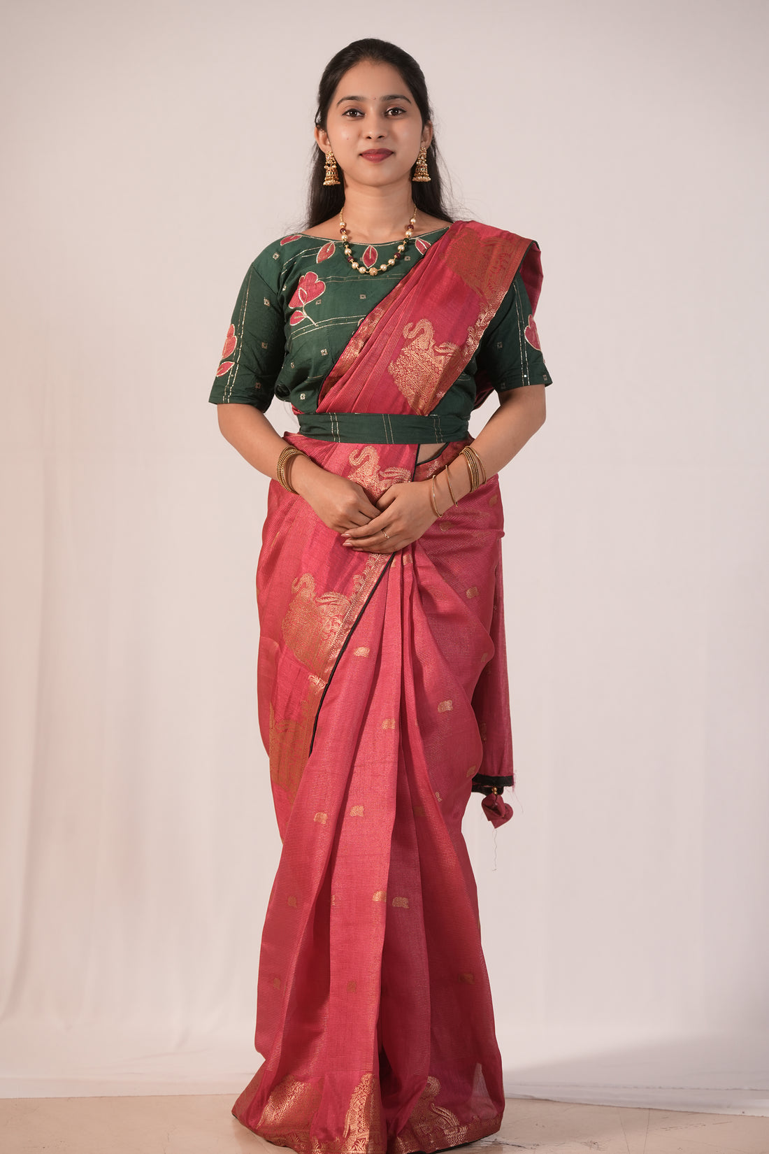 Regal Rani Pink Banarasi Saree with Green Blouse (STITCHED BlOUSE)