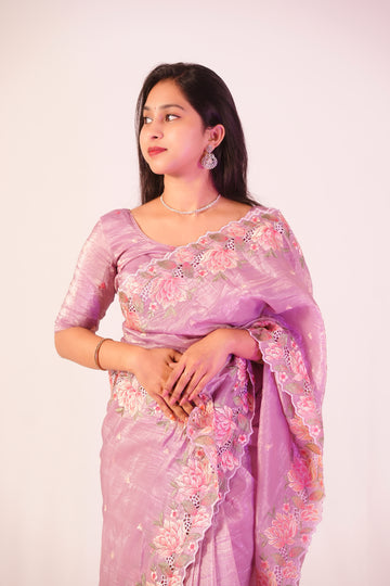 Lavender Floral Embroidered Organza Saree🌺