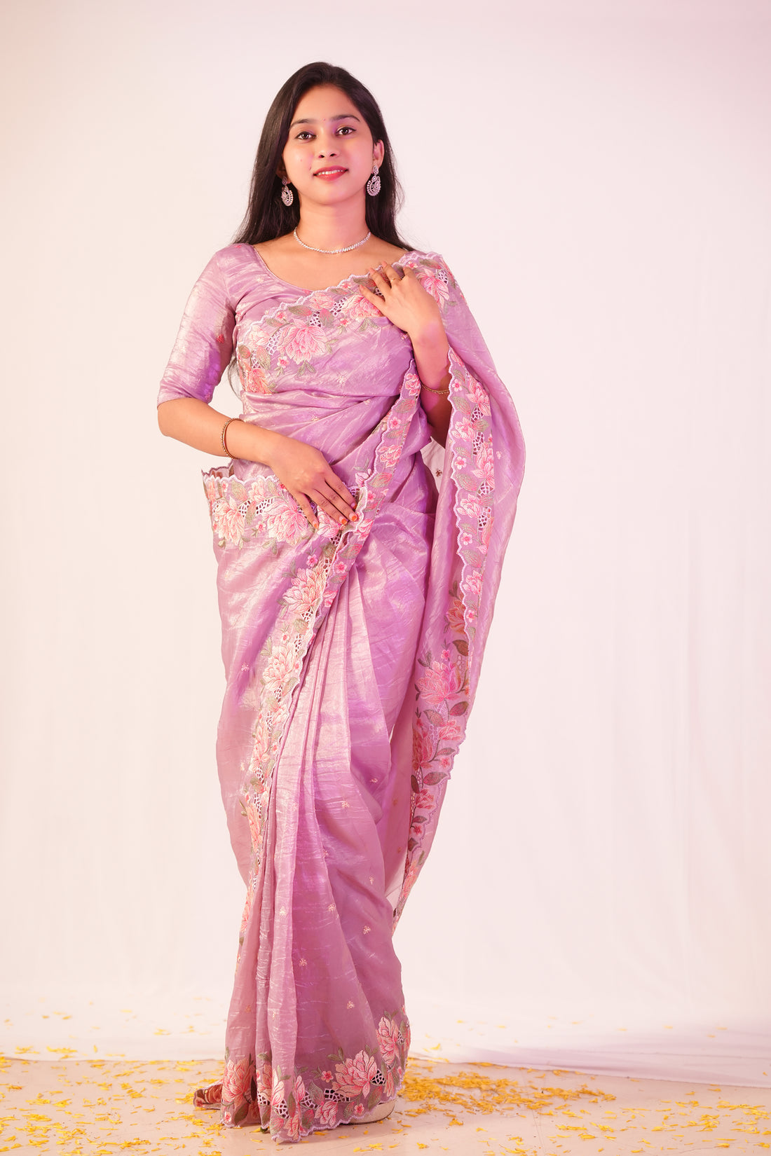 Lavender Floral Embroidered Organza Saree🌺