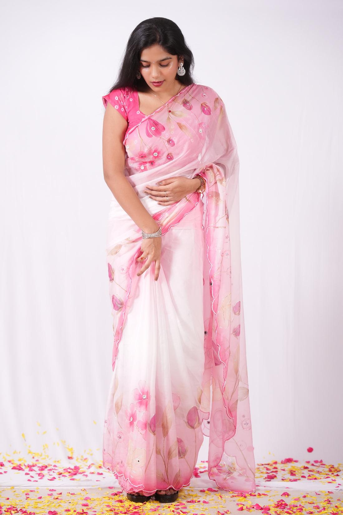 Blush Bloom Hand-Painted Organza Saree