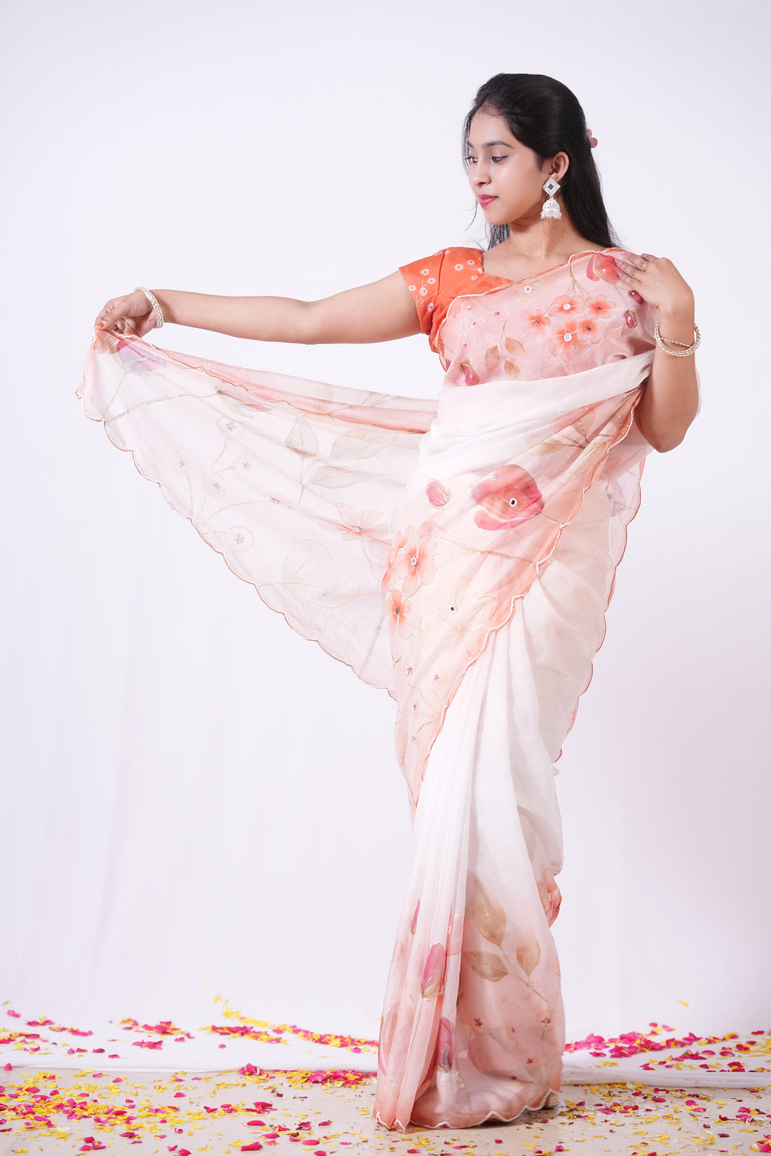 Peach Blossom Hand-Painted Organza Saree