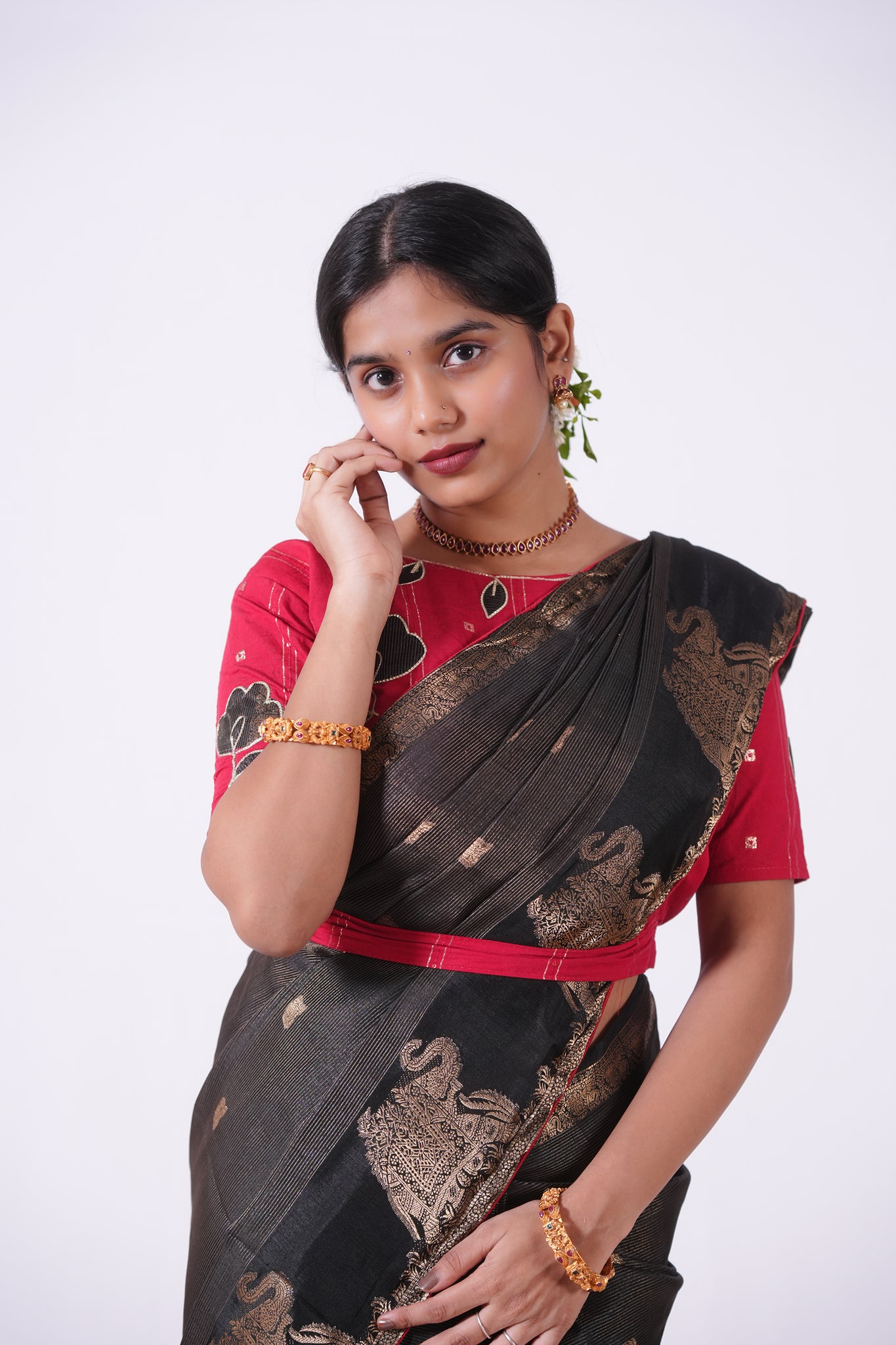 Regal Black & Red Banarasi Silk Saree with Golden Zari Work (STITCHED blouse)