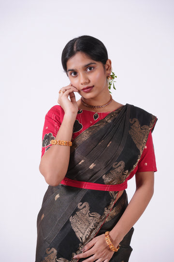 Regal Black & Red Banarasi Silk Saree with Golden Zari Work (STITCHED blouse)