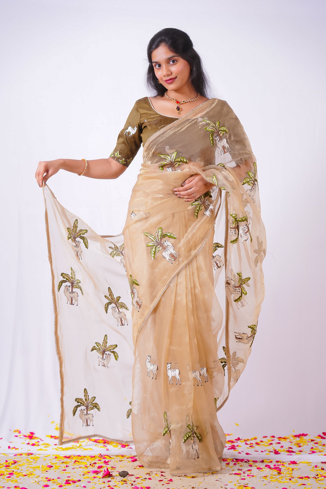 Cattle and Palm Tree Embroidered Saree