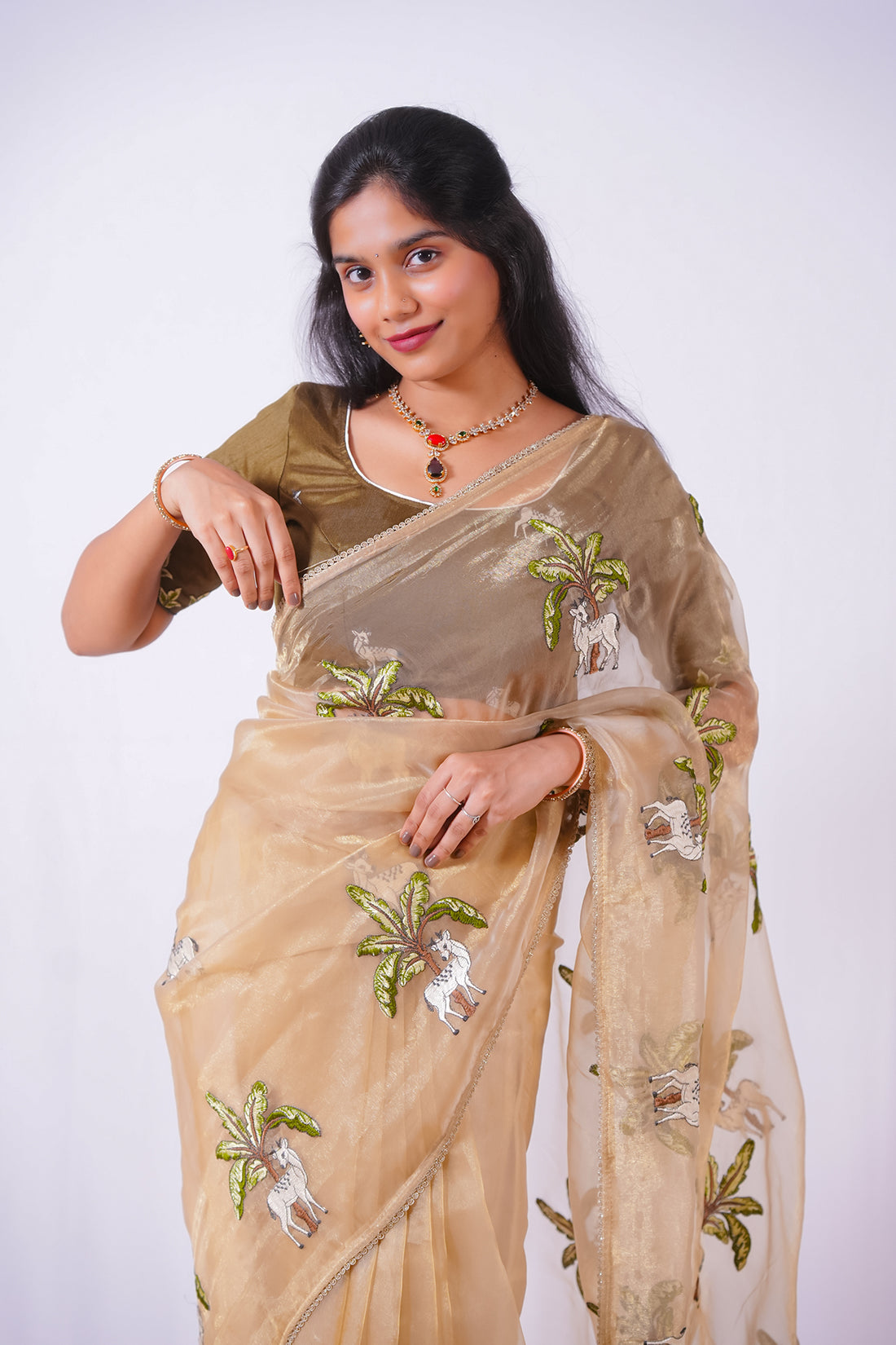Cattle and Palm Tree Embroidered Saree