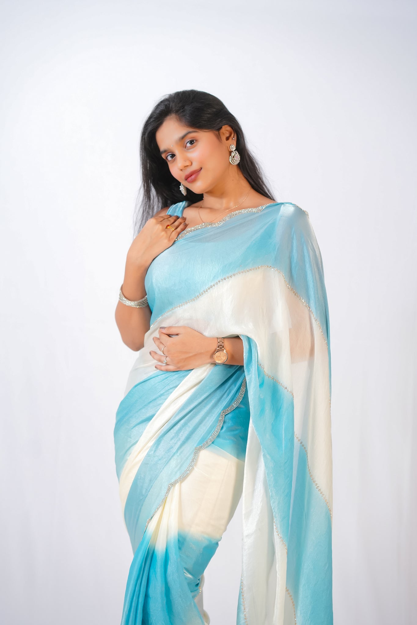 Ice Blue and White Space Silk Saree