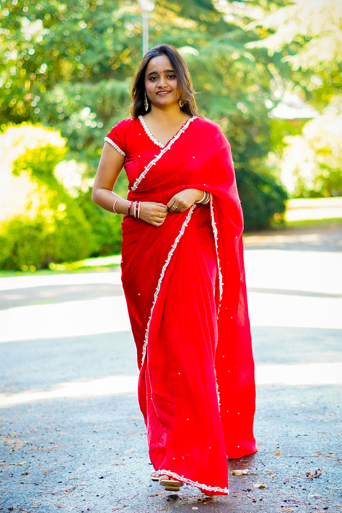 Cherry Red Saree with Pearl Detailing