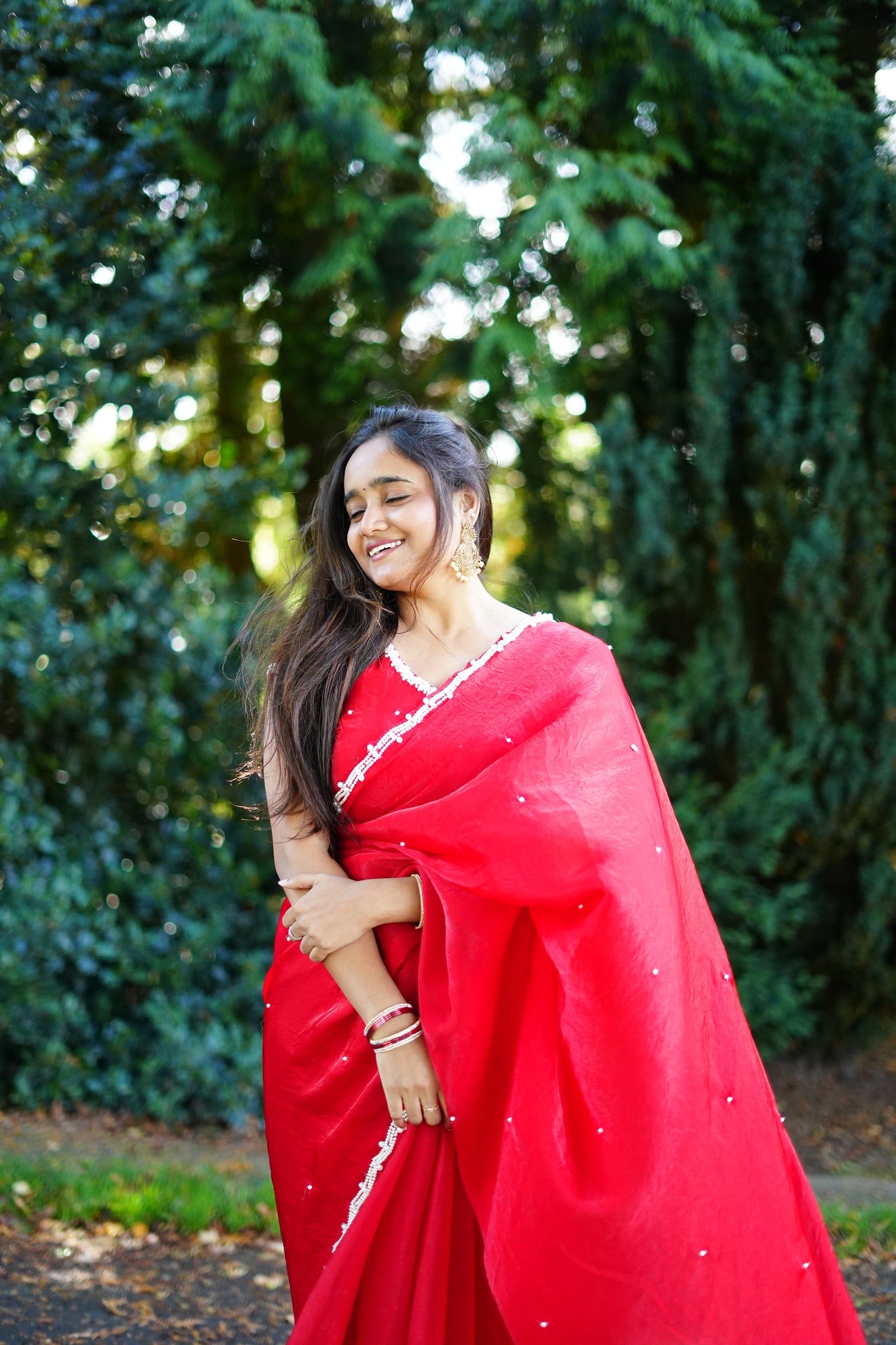 An Elegant Red Organza Saree with Pearl-Embroidered Border❤️
