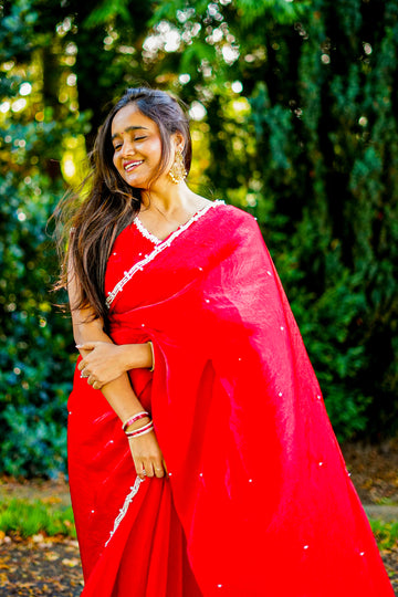 Cherry Red Saree with Pearl Detailing