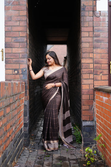 Elegant Coffee Brown🤎 Striped Saree with Subtle Golden Accents