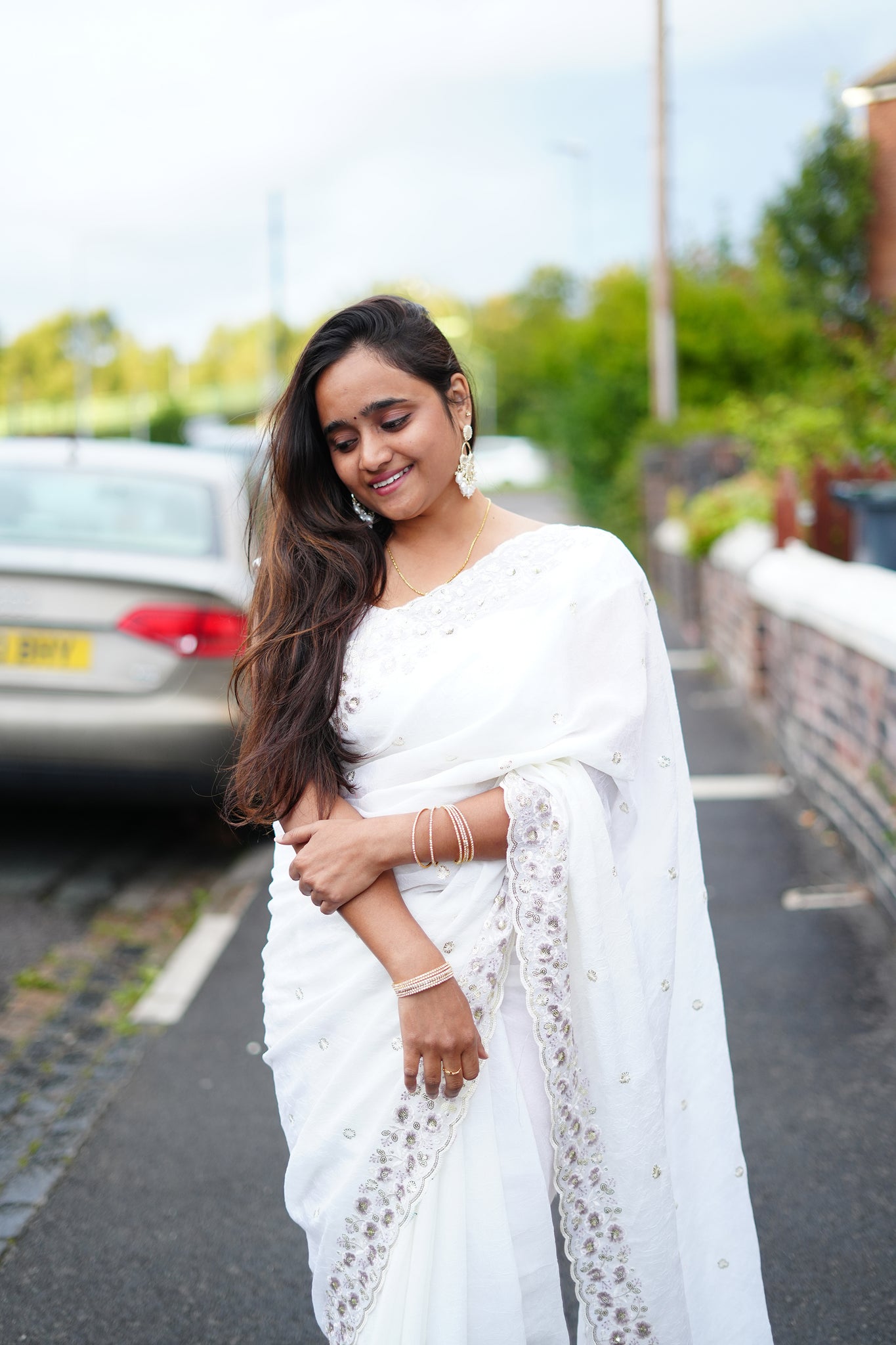 Elegant White🤍 Cotton Blend Saree with Silver Sequin Embroidery