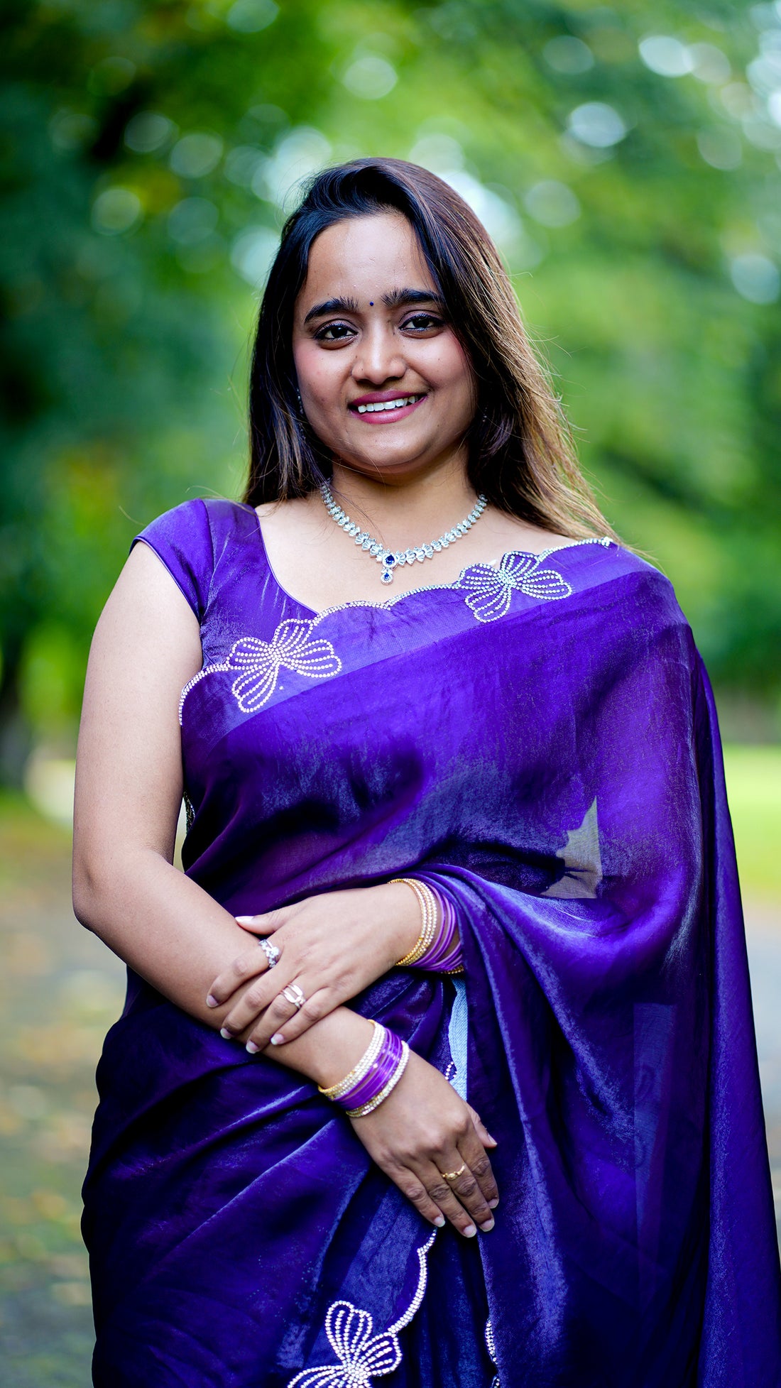 Crystal Butterfly Embroidery Purple Crinkled Saree🦋💜