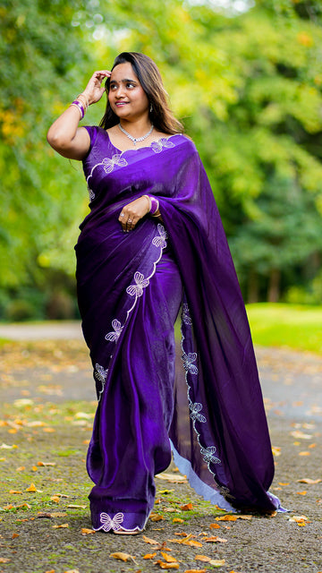 Crystal Butterfly Embroidery Purple Crinkled Saree🦋💜