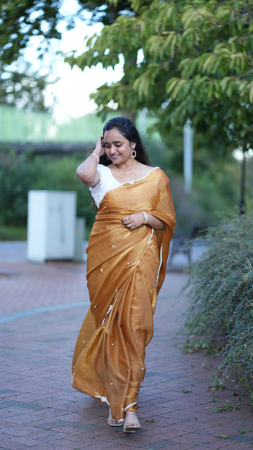 A Golden Mustard Banarasi✨ Silk Saree with White Pearl Work Blouse (STITCHED BlOUSE)