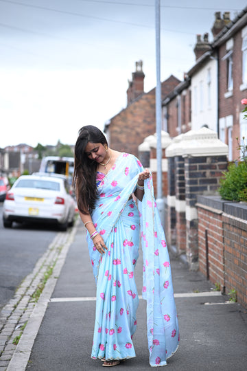Sky Blue💙 Floral Elegance Georgette Saree with Pink Blossom Print