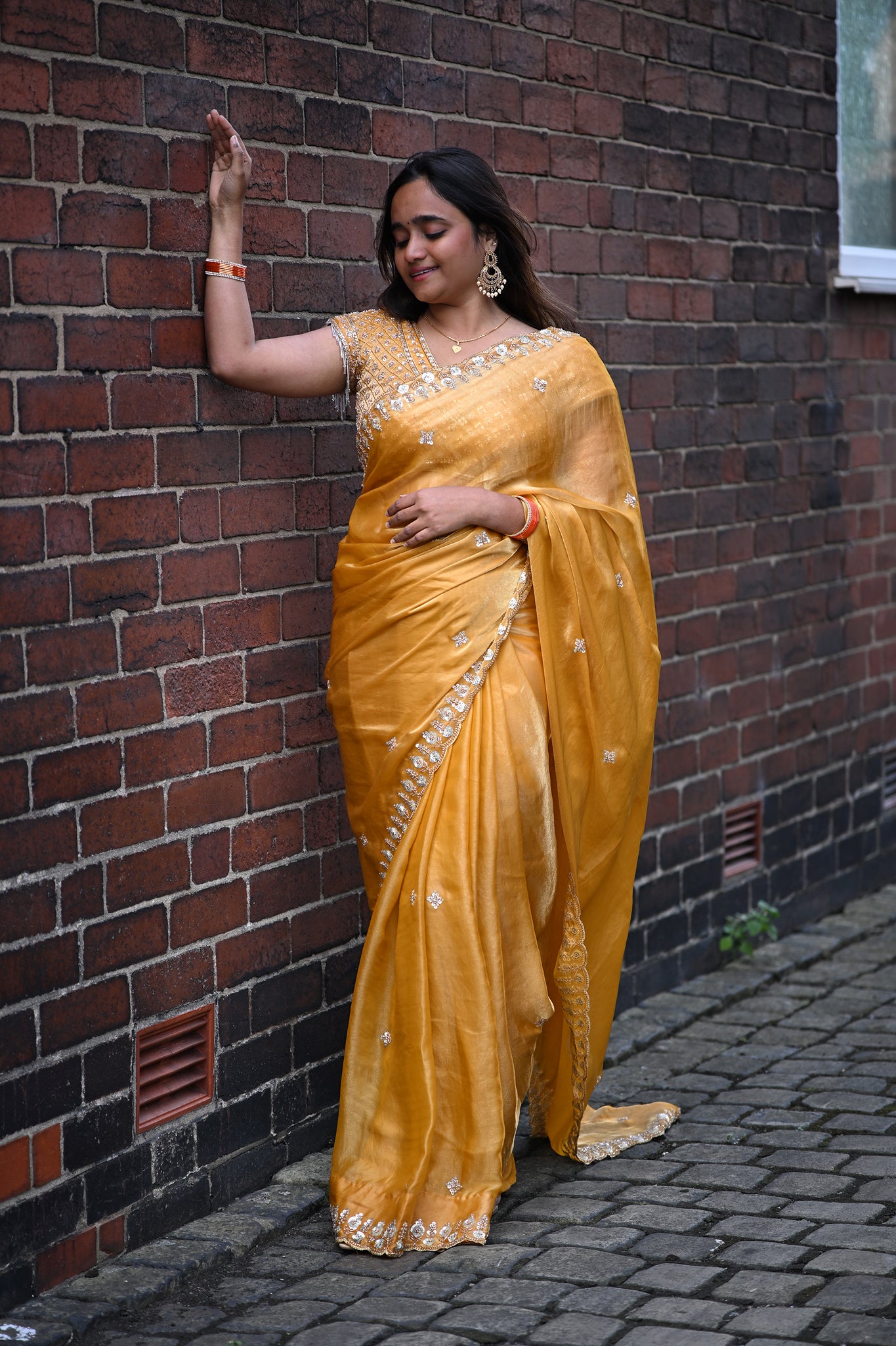 A Golden Glow🌟 Georgette Saree with Embroidered Border – Festive Elegance
