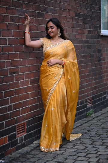 A Golden Glow🌟 Georgette Saree with Embroidered Border – Festive Elegance