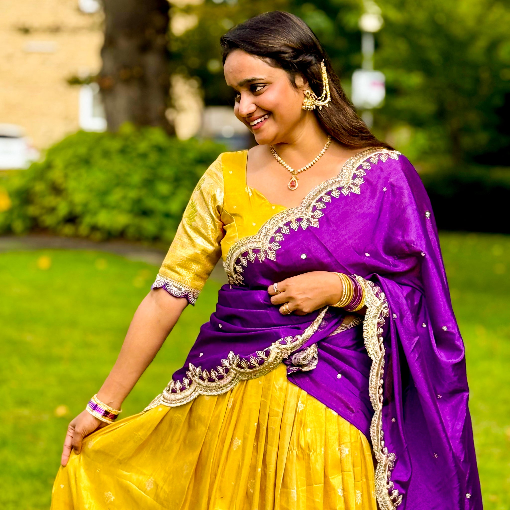 Vibrant Yellow and Purple Traditional Half Saree (Lehenga)