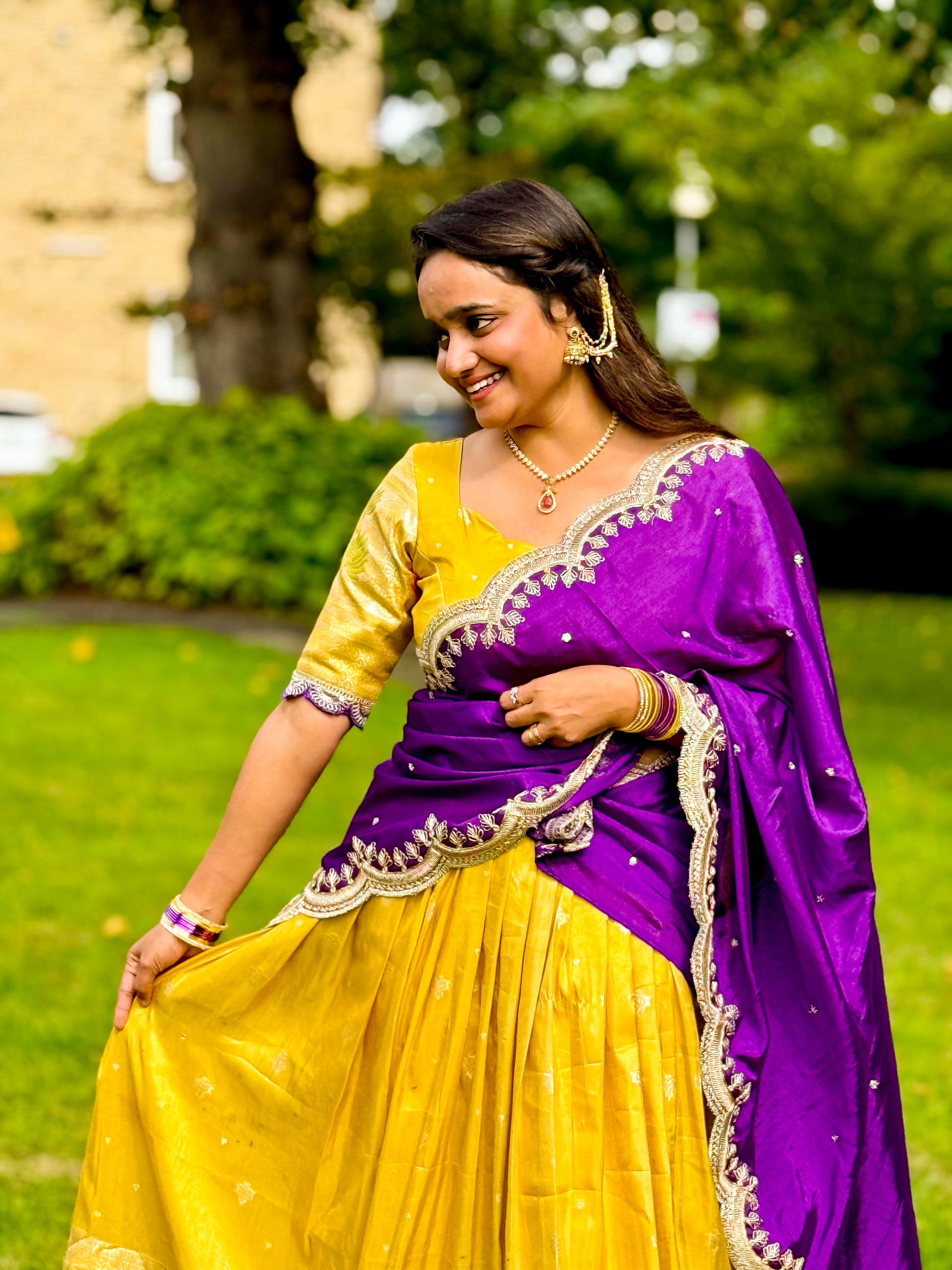 purple and yellow combination dress Lemon yellow and purple combination is bright vibrant and screams let's party. Very trendy to wear and comfortable to dance, or do ghaghra The high low top makes it different and will