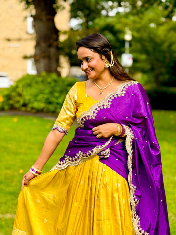 Vibrant Yellow and Purple Traditional Half Saree (Lehenga)