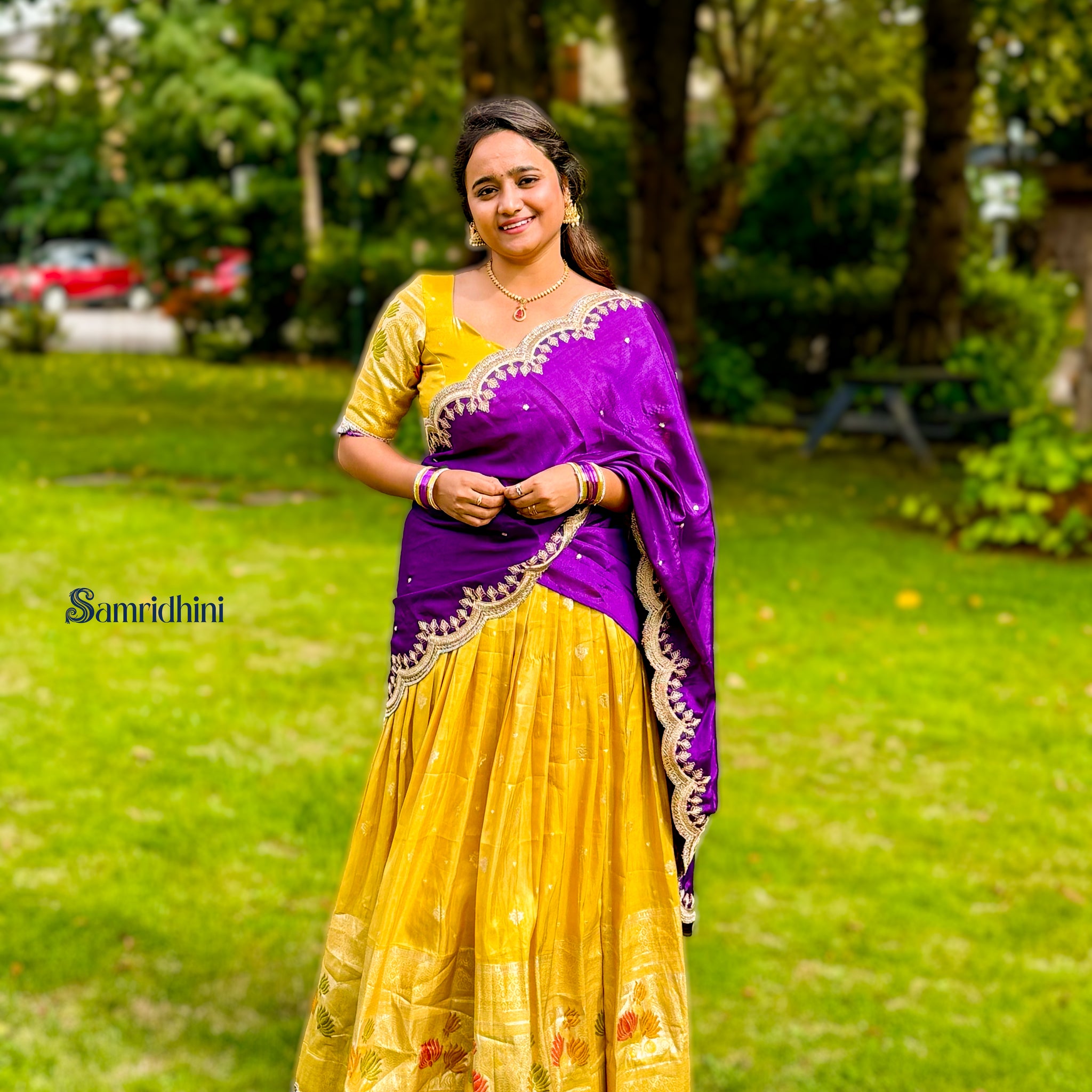 Vibrant Yellow and Purple Traditional Half Saree (Lehenga)