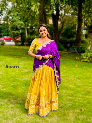 Vibrant Yellow and Purple Traditional Half Saree (Lehenga)