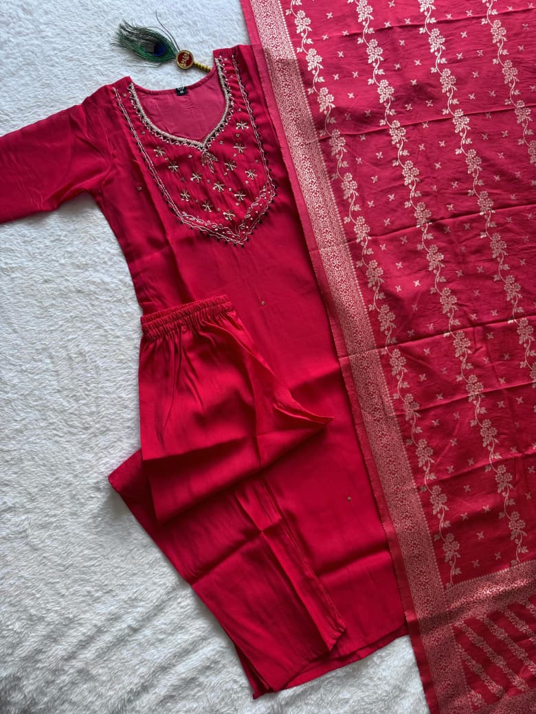 Premium Mul Chanderi Handwork Suit Set with Nylon Muslin Jacquard Dupatta