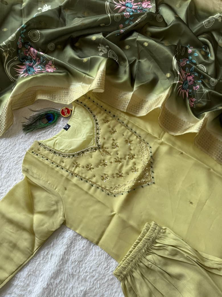 Premium Mul Chanderi Handwork Suit Set with Jacquard Dupatta