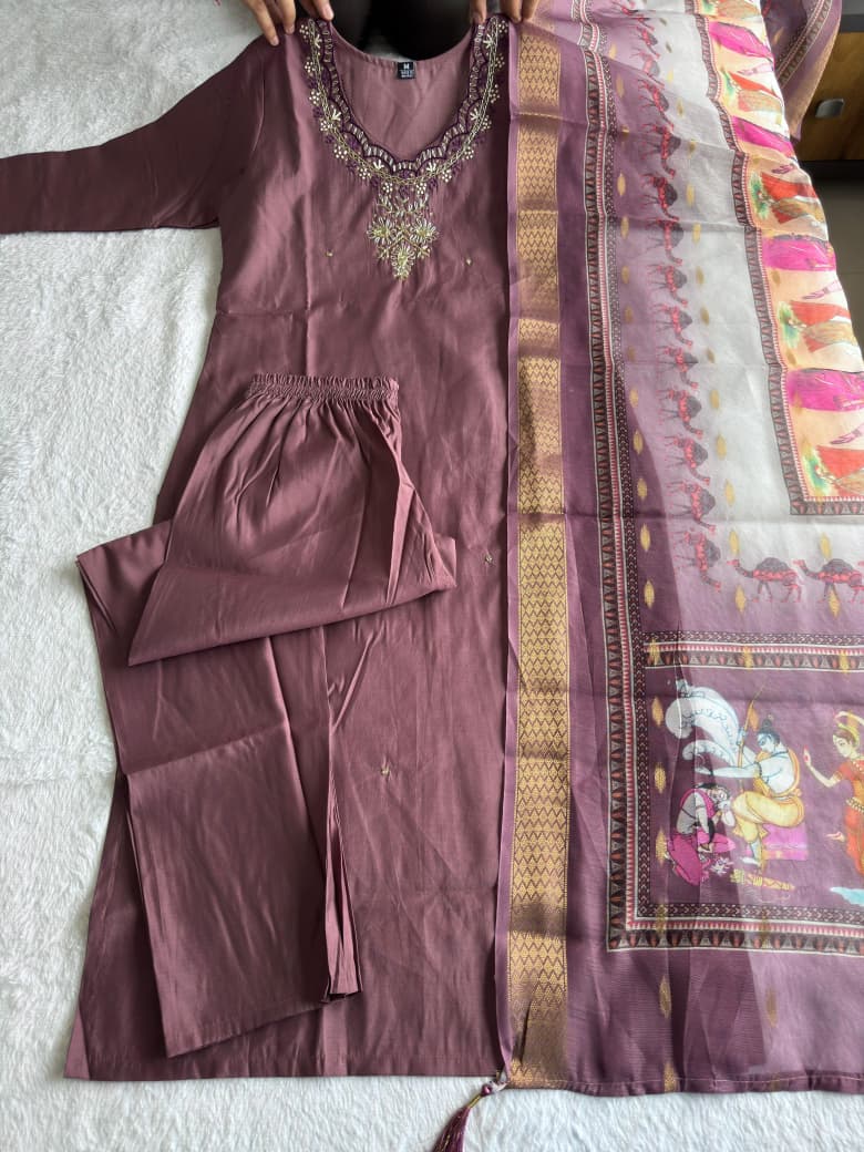 Premium Roman Silk Handwork Suit Set with Heavy Digital Print Chanderi Dupatta